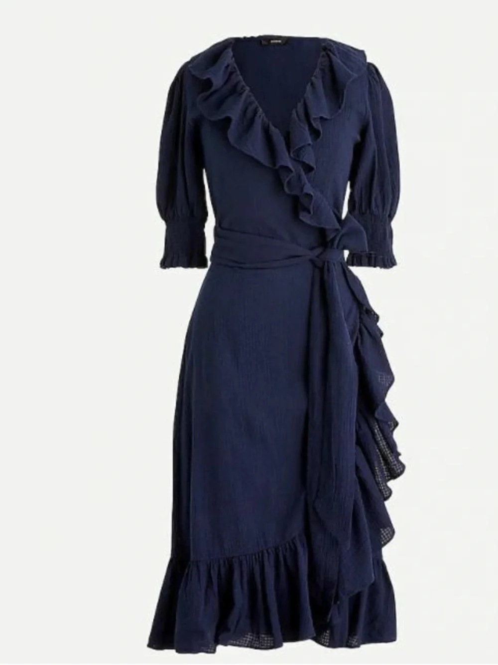 J. Crew Navy Midi Dress Ruffle Tie Waist